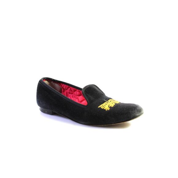 Henley & Sloane Mens Velvet Slide On Loafers Black Gold Size 8 - Picture 1 of 5